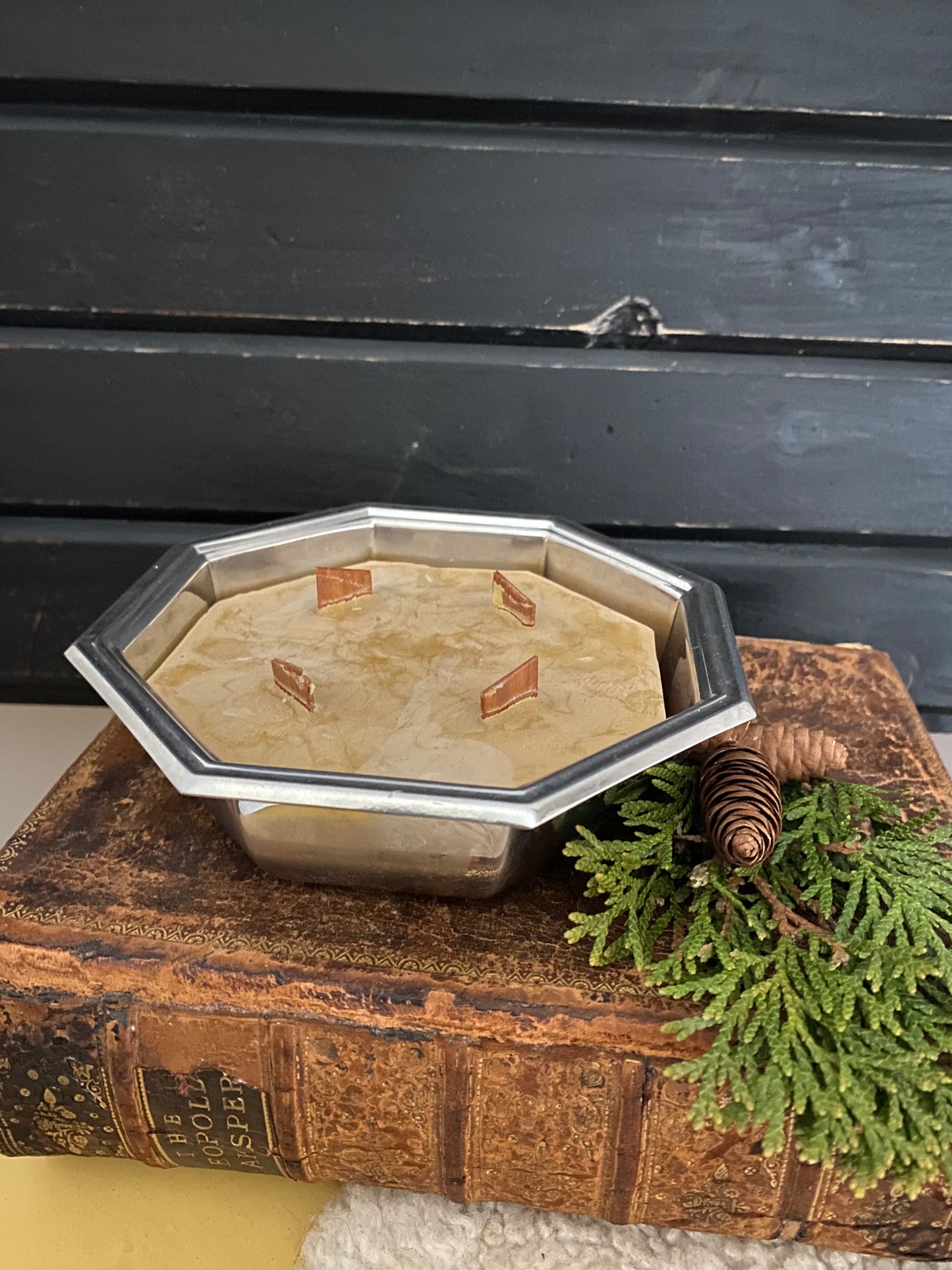 Beeswax Candle in Stainless Steel Octagonal Bowl