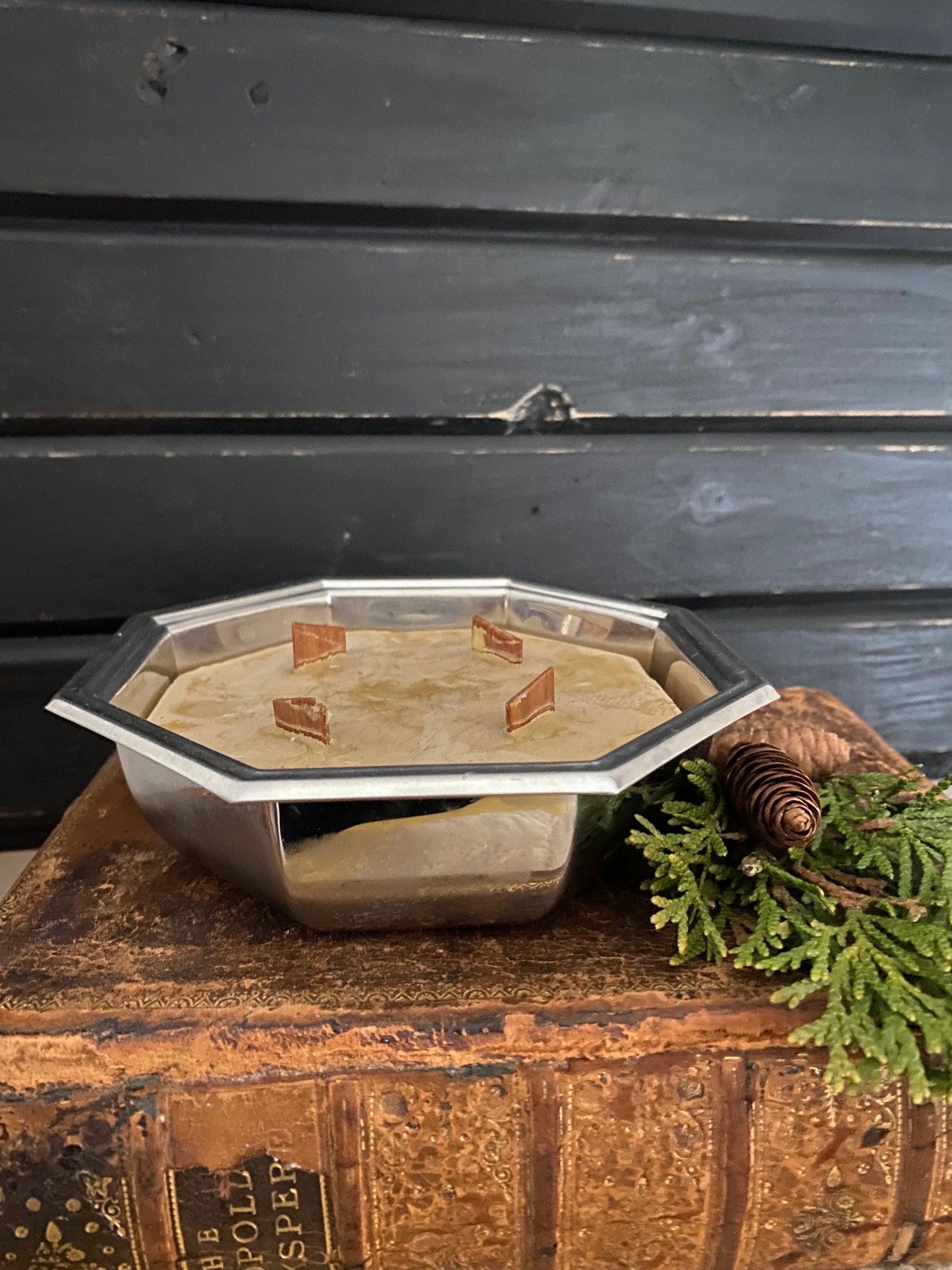 Beeswax Candle in Stainless Steel Octagonal Bowl