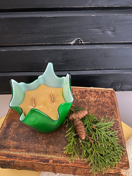 Beeswax Candle in Unique Green Glass Vessel