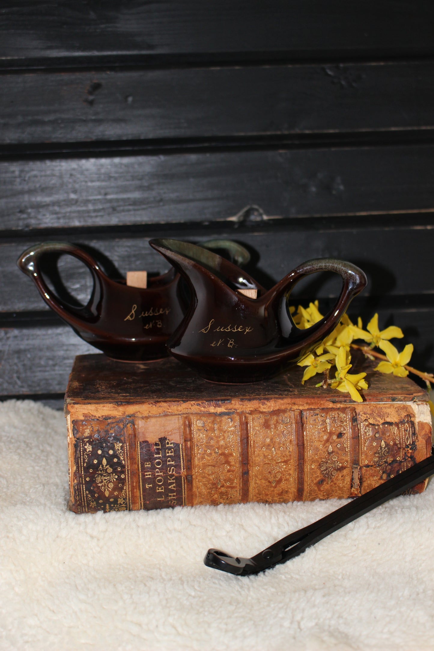 Beeswax Candles in Unique Brown Souvenir Pottery