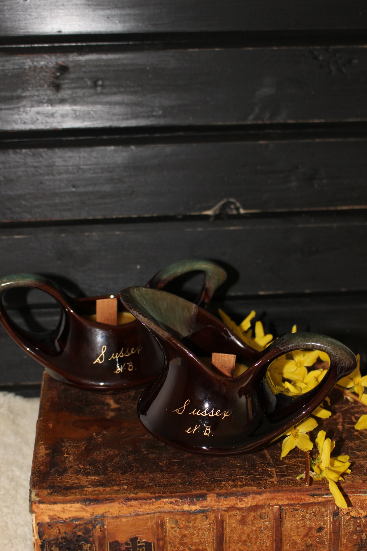 Beeswax Candles in Unique Brown Souvenir Pottery