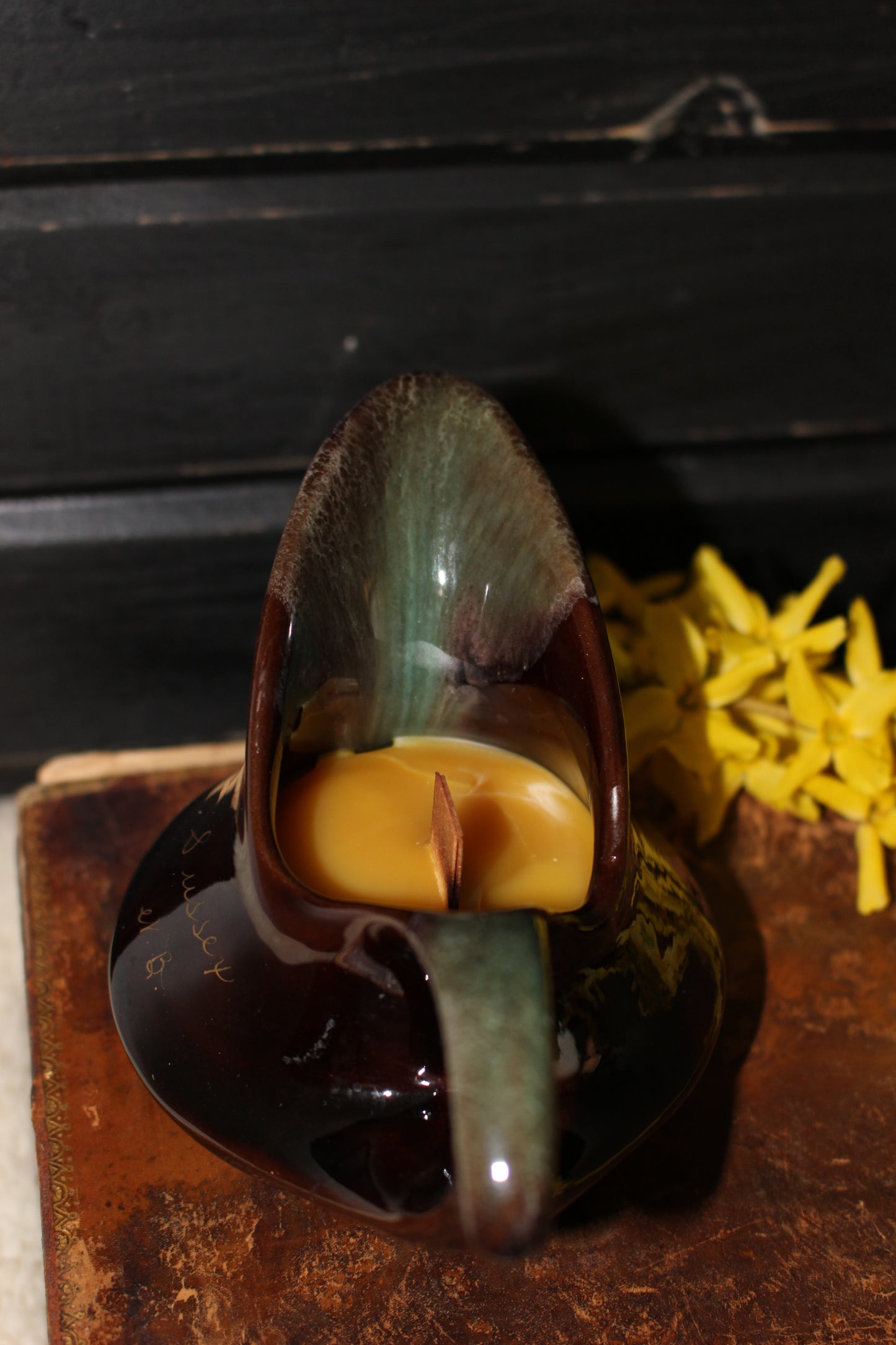 Beeswax Candles in Unique Brown Souvenir Pottery