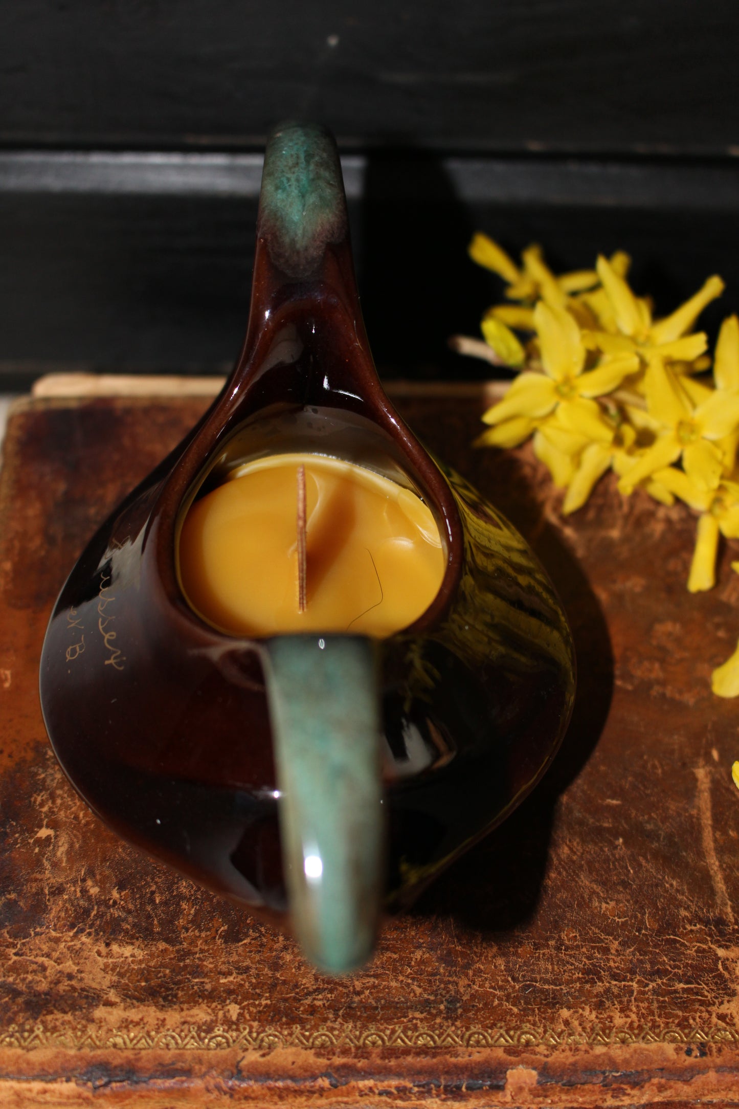 Beeswax Candles in Unique Brown Souvenir Pottery