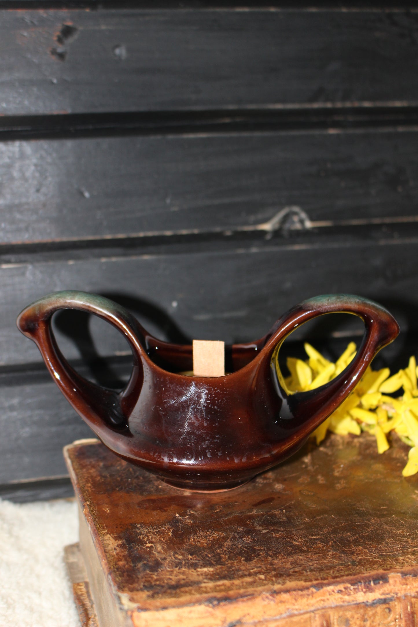 Beeswax Candles in Unique Brown Souvenir Pottery