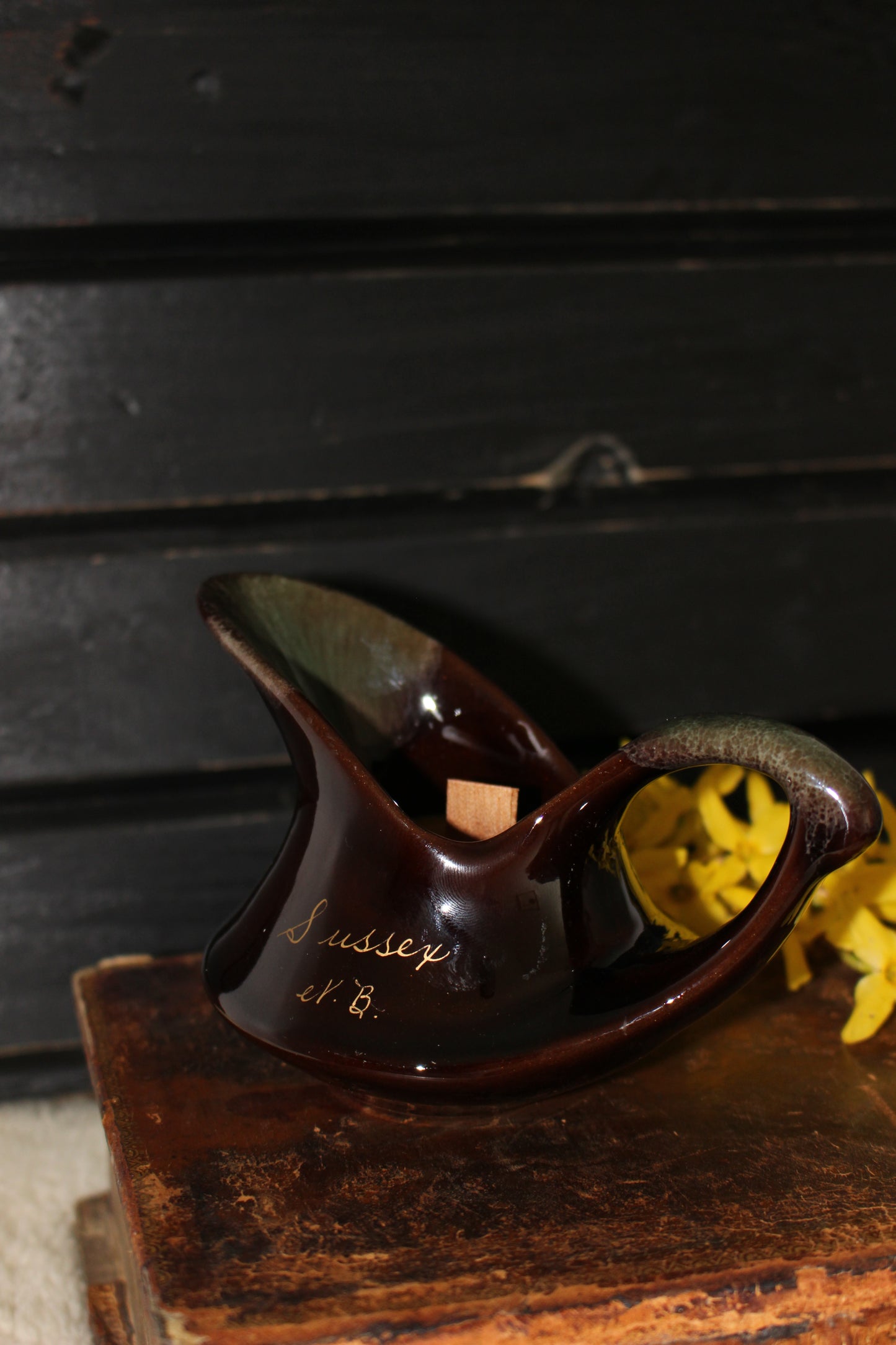 Beeswax Candles in Unique Brown Souvenir Pottery