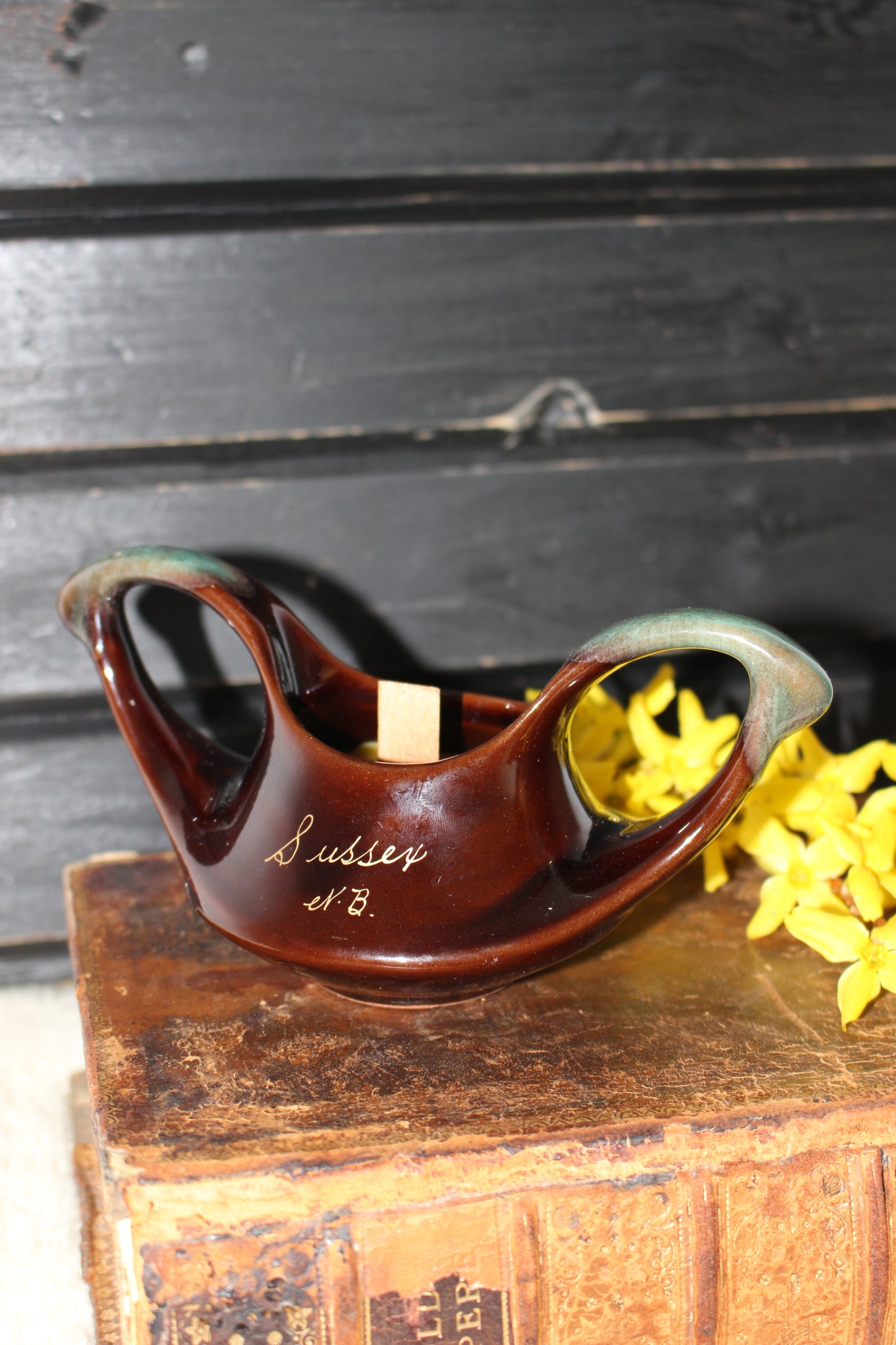 Beeswax Candles in Unique Brown Souvenir Pottery