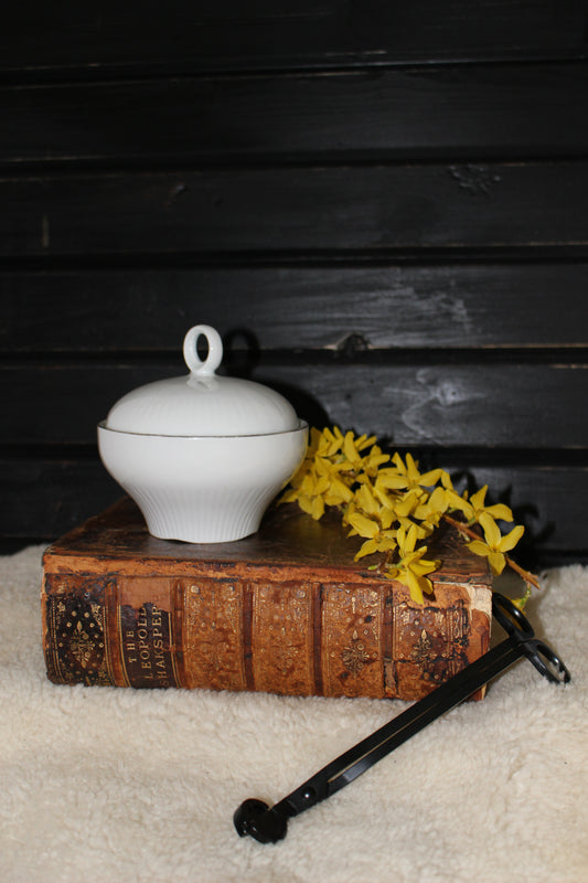 Beeswax Candle in White Ribbed Porcelain with Lid