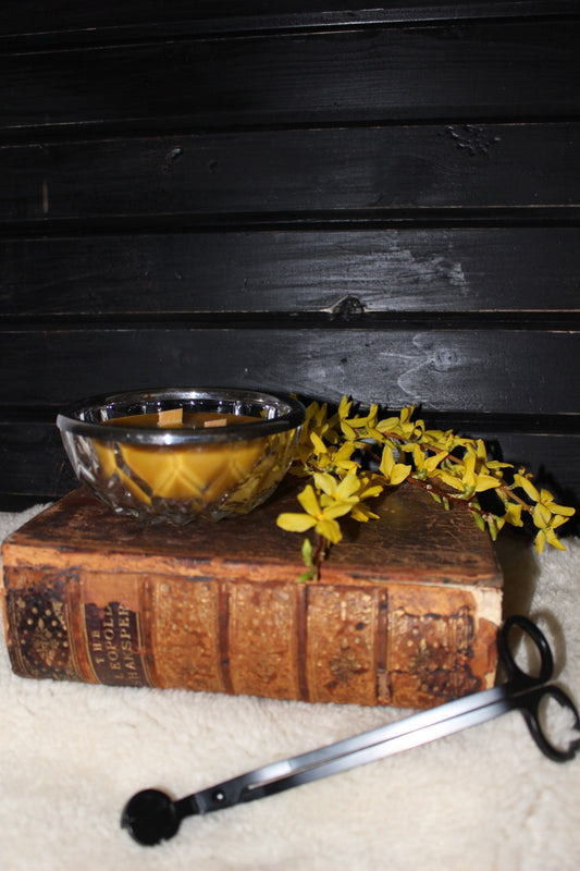 Beeswax Candle in Silver Rimmed Glass Bowl
